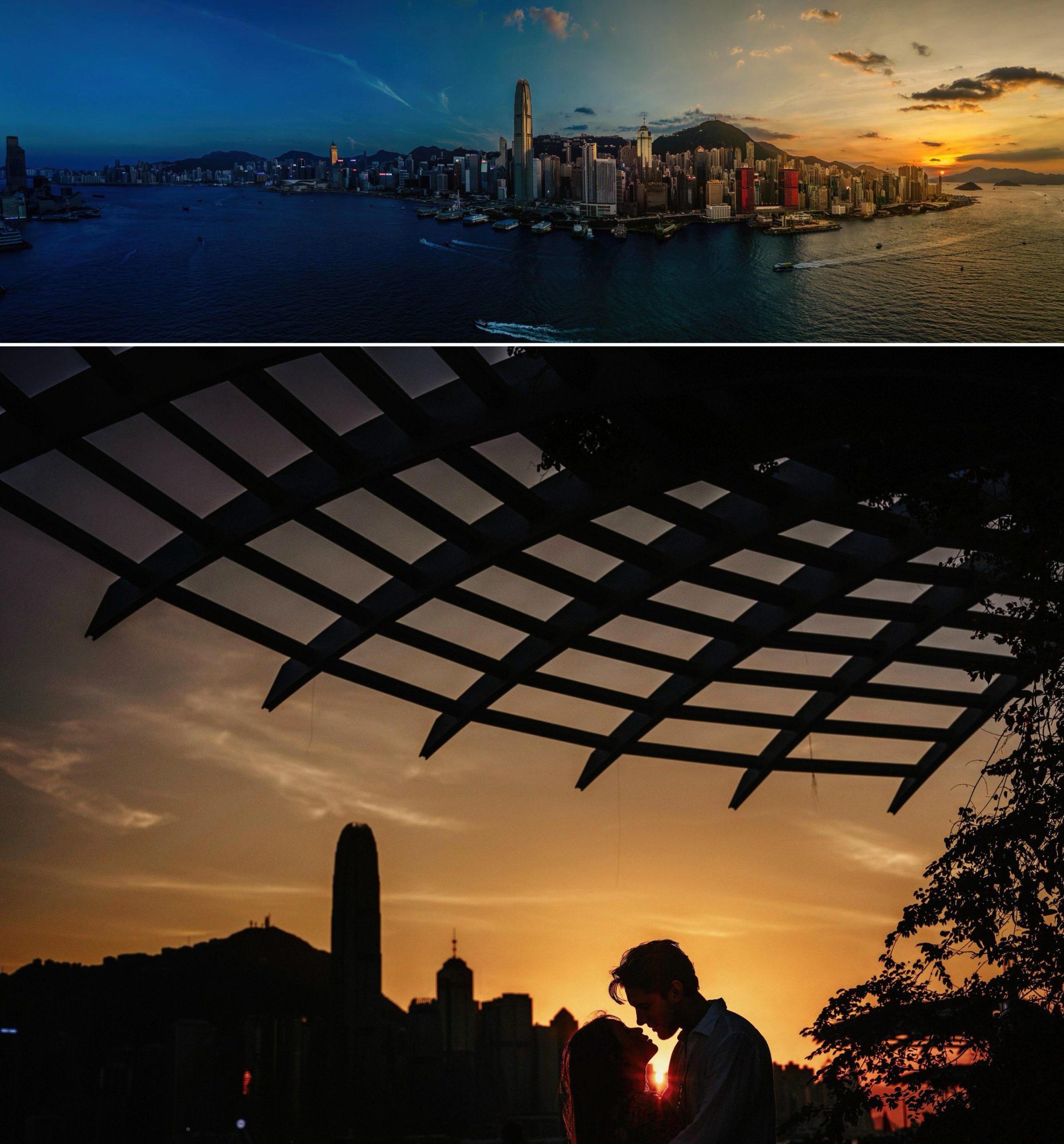 Romantic sunset silhouette in Hong Kong wedding